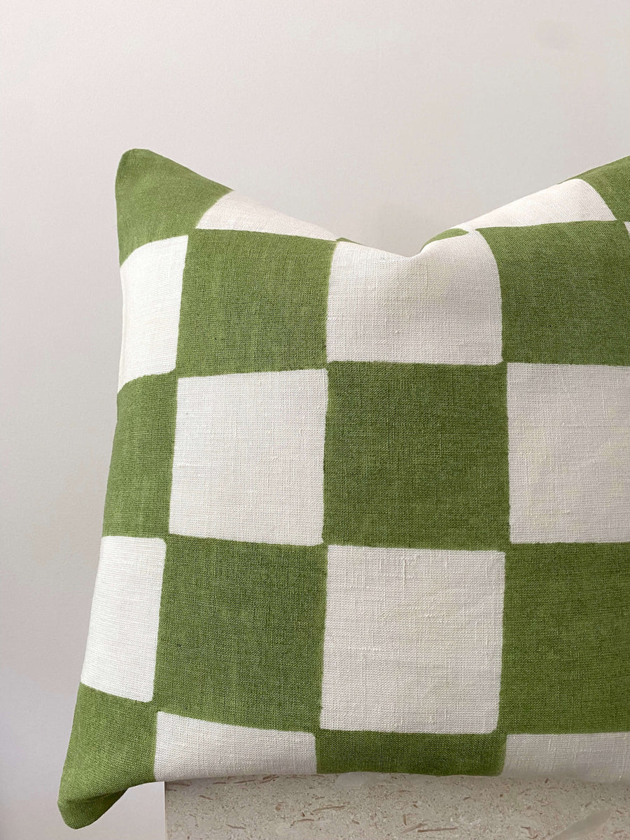 green checkered linen cushion