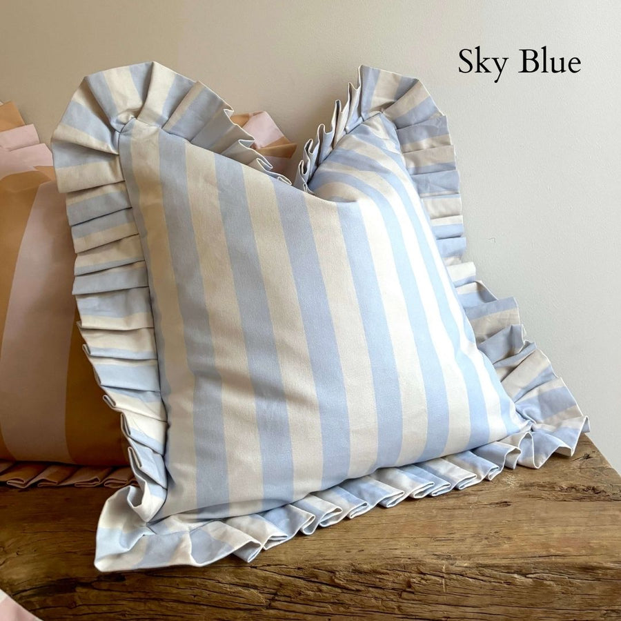 Rae ruffle sky blue striped square cushion