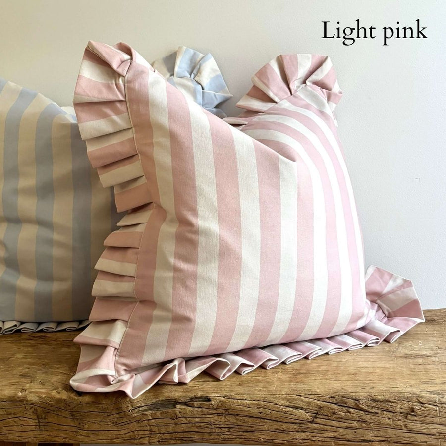 Rae ruffle light pink striped square cushion