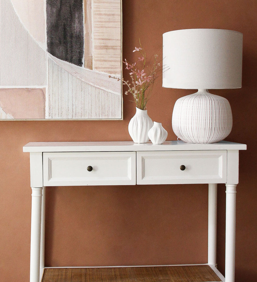 white hallway console table