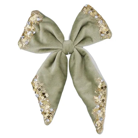 Embelished Bow w/Clip 15x15cm Grn/Gld