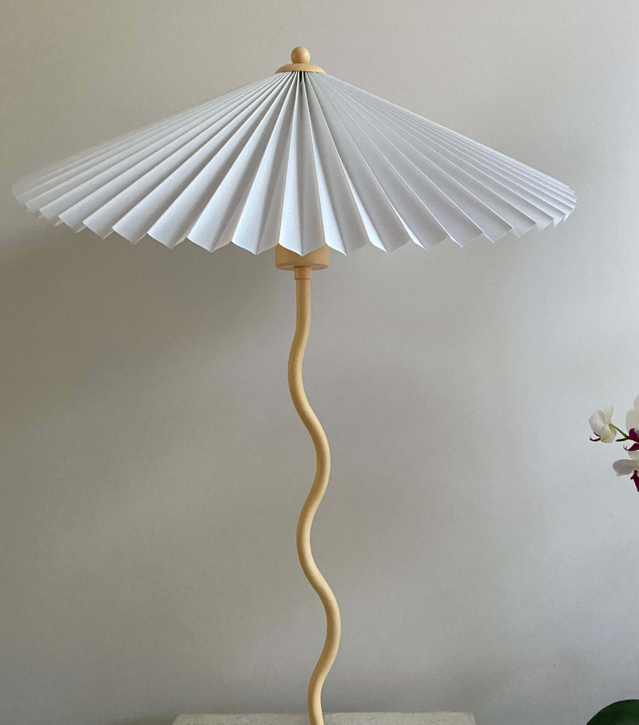 yellow squiggle wavy lamp with pleated shade