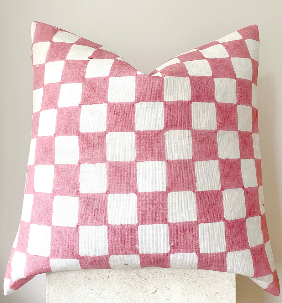 Checkers Linen Cushion | Pink | SECONDS