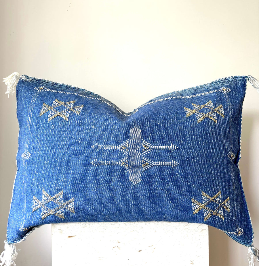 Moroccan cactus silk lumbar cushion in blue