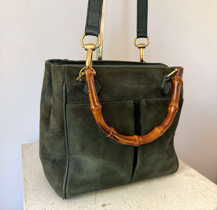 Vintage Gucci Green Suede Bamboo 2-Way Handbag – Aztec House