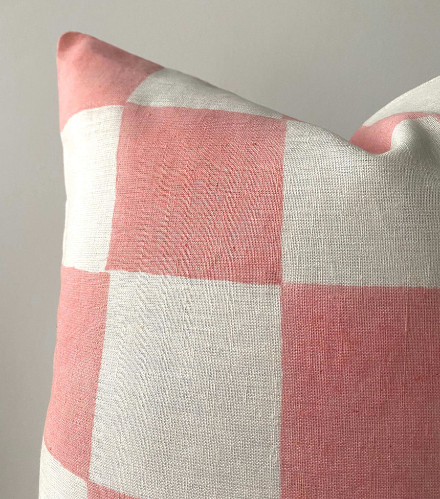 pink and white checkered linen cushion