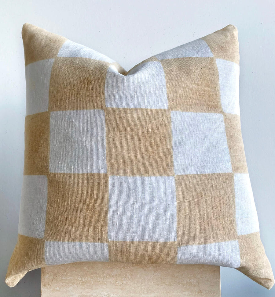 beige and white checkered linen cushion