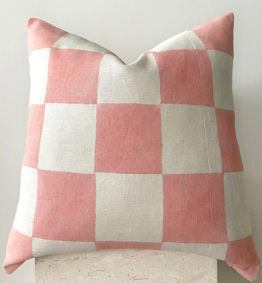 pink and white checkered linen cushion