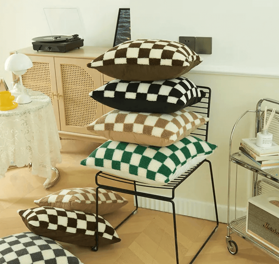 chocolate checkered boucle cushions